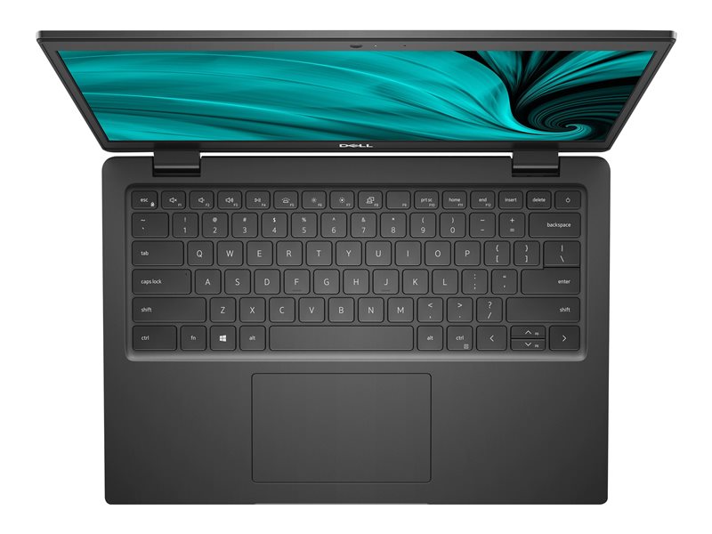 Bird eye view of Dell latitude 3420 laptop in dark grey with silver "Dell" logo and teal swirl screensaver. Showing full qwerty keyboard.