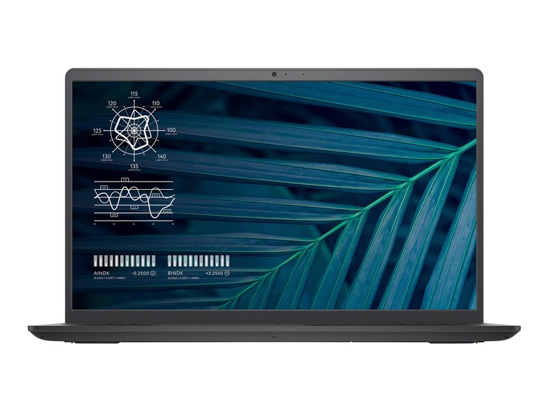 Front view of dark grey Dell Vostro 3510 laptop with dark blue screensaver