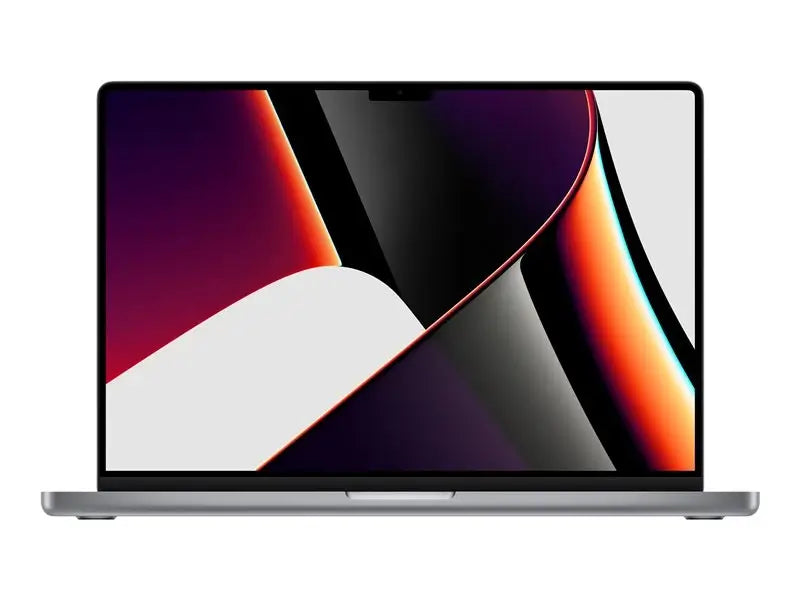 Front view of Apple Macbook Pro laptop in space grey with purple and red abstract screensaver