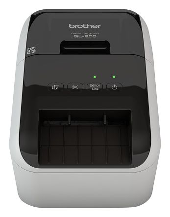 Front view of Brother QL-800 Direct Thermal Colour Label Printer with black top and grey bottom and sides - featuring Four main control buttons