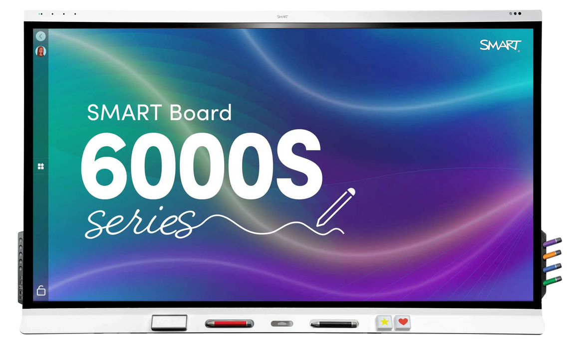 SMART 6000S Series interactive whiteboard with white frame and 6 multicoloured pens.