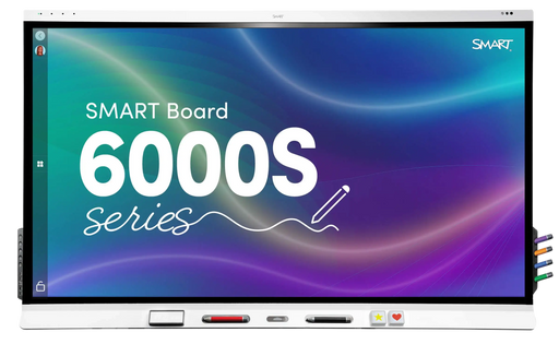 SMART 6000S Series interactive whiteboard with white frame and 6 multicoloured pens.