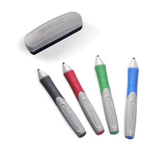 set of four light grey barreled SMART Replacement Pens with accent hand grips in colours (left to right) black, red, green and blue with SMART logo debossed into barrel. Next to light grey eraser with black base
