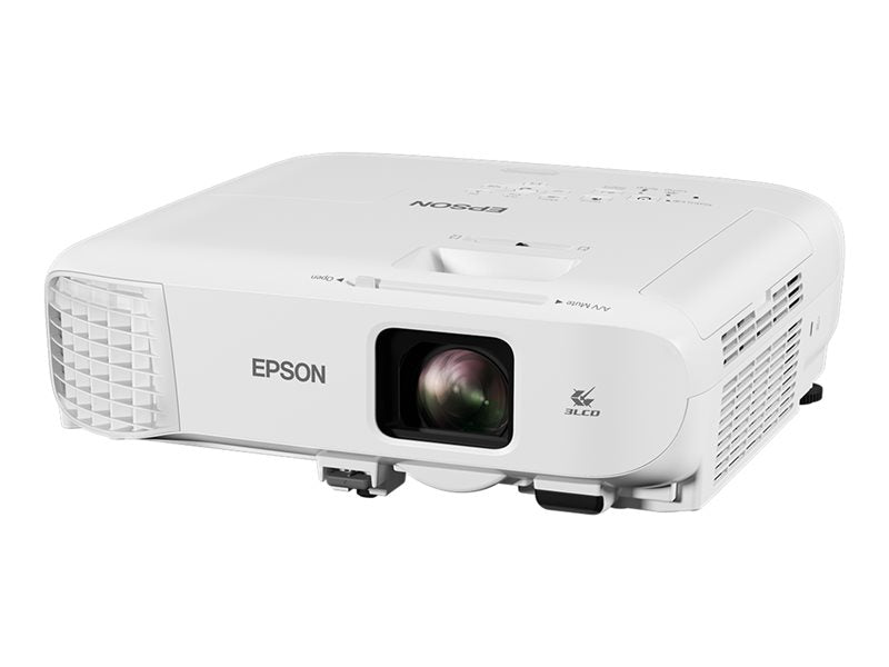 White Epson EB-X49 3 LCD Projector with black accent near lens