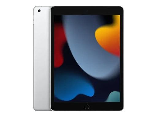 Silver iPad 10.2 Wi-Fi front and back view featuring camera lense with colour abstract art displayed on the screen