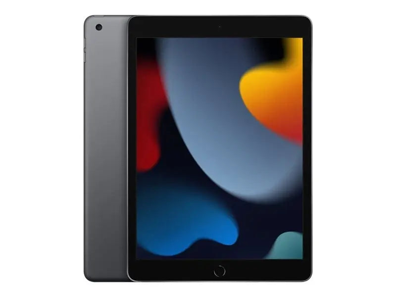 Space Grey iPad 10.2 Wi-Fi front and back view featuring camera lense with colour abstract art displayed on the screen