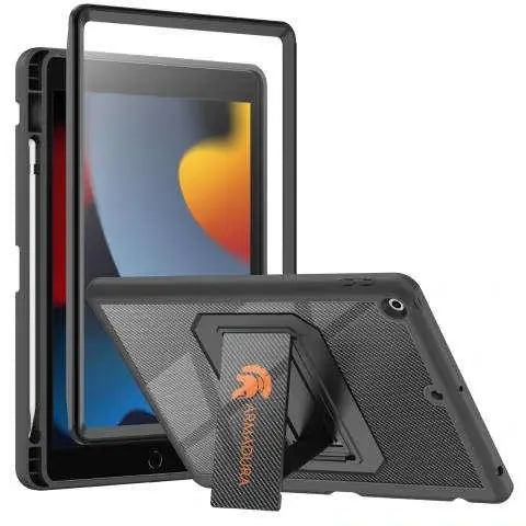 Armadrua branded rugged iPad case with kickstnad fearuring an orange Armadura logo. 