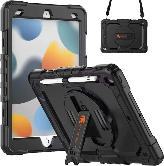 Three images of an Apple iPad inside a rugged black case, shown at mutiple angles to demonstrate the plastic kick back stand and the fabric strap included with the case - Featuring Armudura logo in orange printed on the kick stand