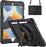Three images of an Apple iPad inside a rugged black case, shown at mutiple angles to demonstrate the plastic kick back stand and the fabric strap included with the case - Featuring Armudura logo in orange printed on the kick stand