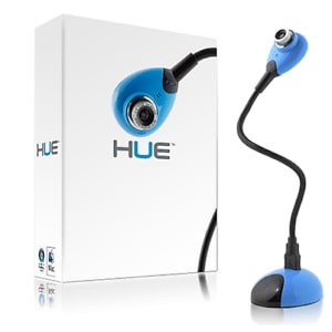 Black HUE HD Camera to the right of its packaging also featuring a blue version of the camera