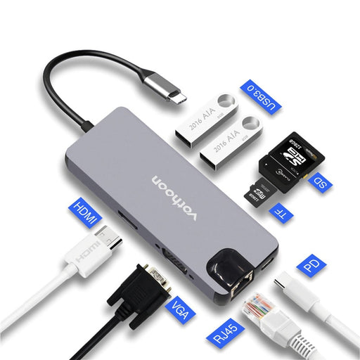 Front raised image of a grey USB-C Adapter Hub with all of the compatible components. Including USB 3.0, RJ45, PD, HDMI and VGA ports as well as TF and SD slots.
